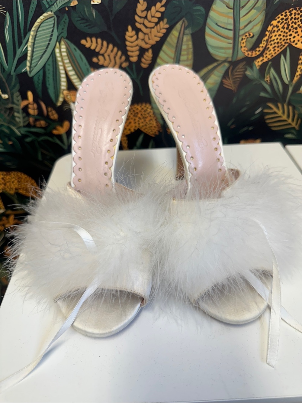 Agent Provocateur Pink Satin Slide Heels with White Feather Trim 41